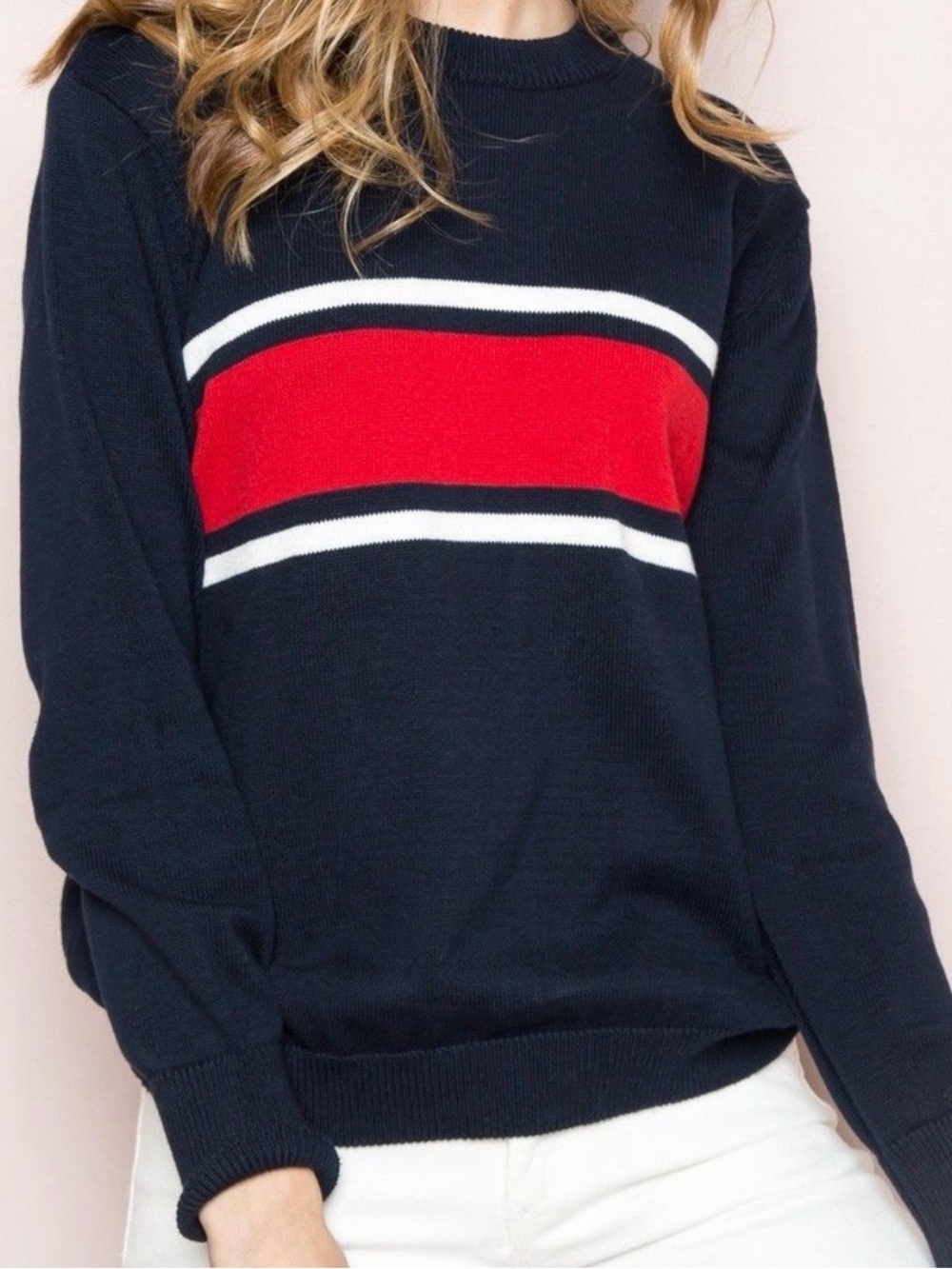 Brandy Melville Navy Blue + Red + White Oversized Knit Sweater